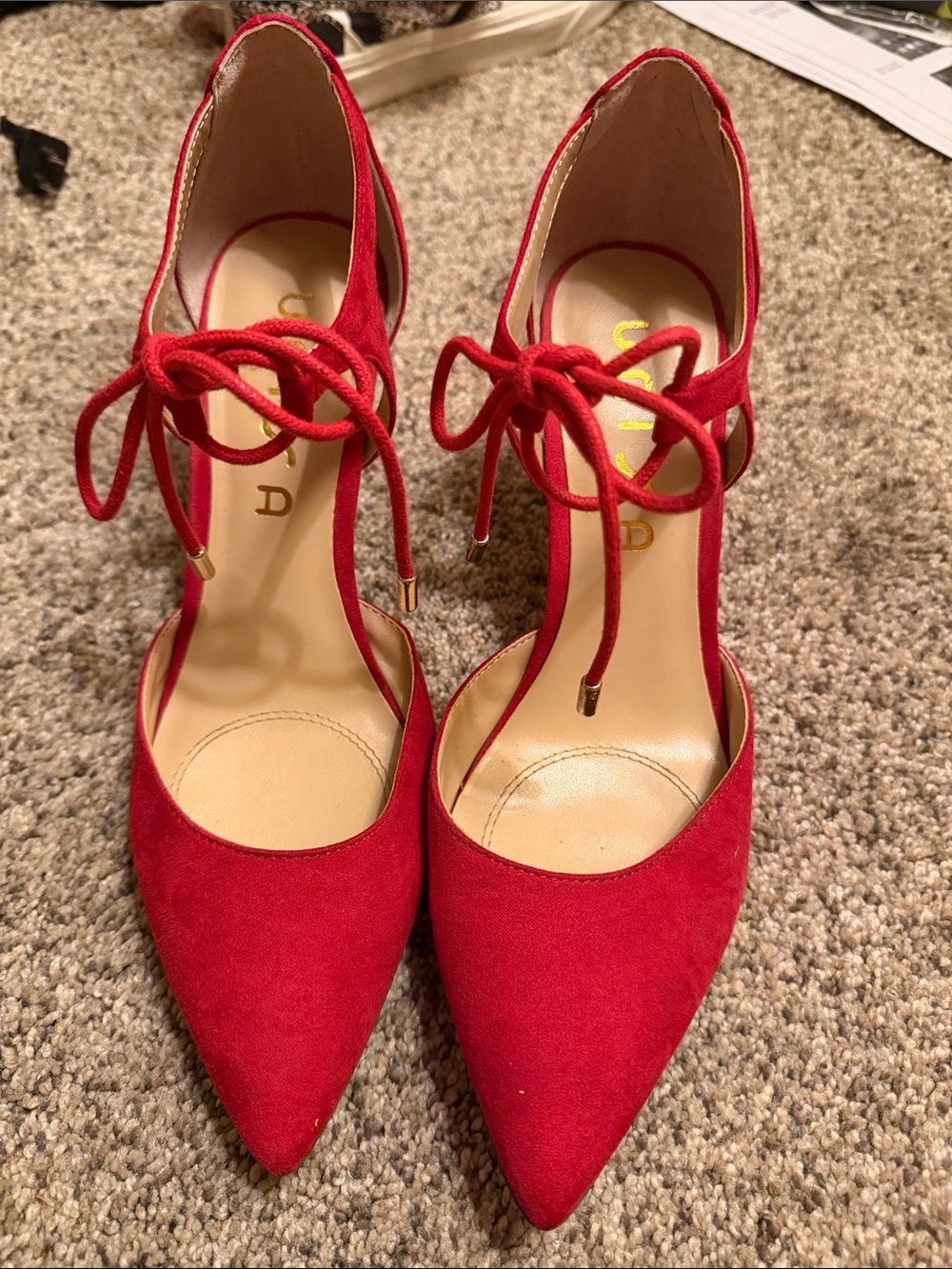 Unisa Red Pointed-Toe Lace-Up D'Orsay Heels